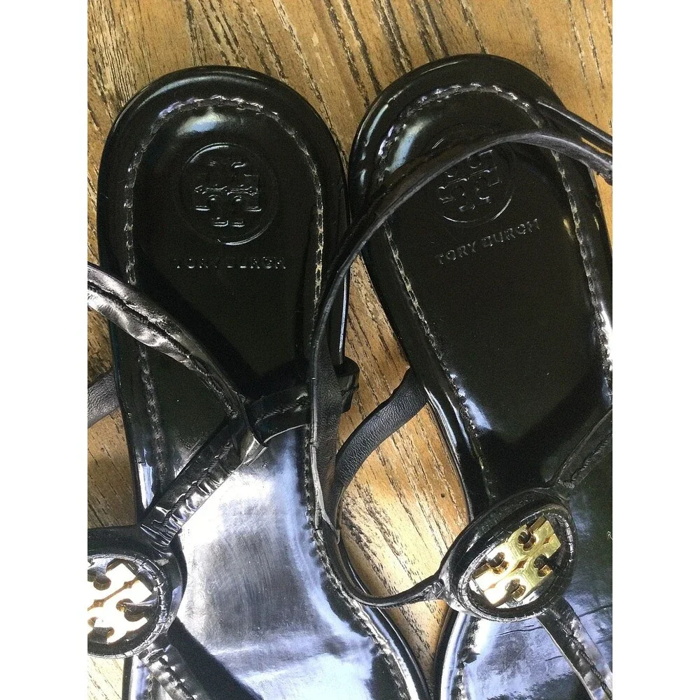 Tory Burch Dillan Black Patent Leather Flat Sandal Womens Size 10.5
